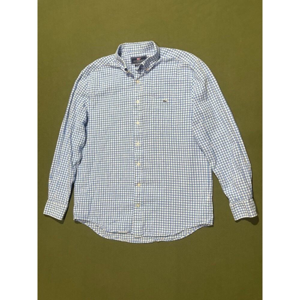 Vineyard Vines Linen Cotton Whale Shirt Mens L Large Blue Gingham Button Up Logo